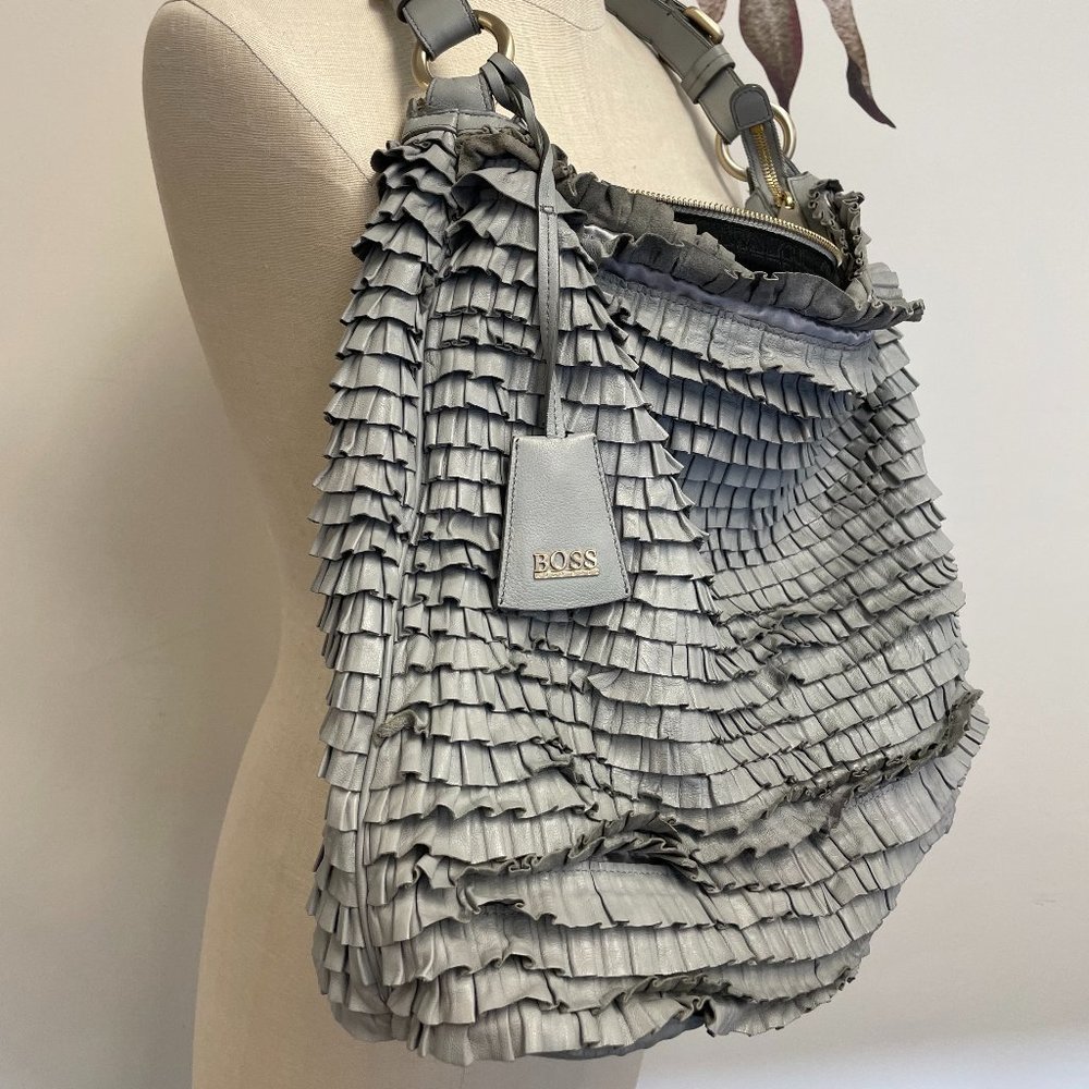 Boss Hugo Boss Grey Ruffled Leather Hobo Bag